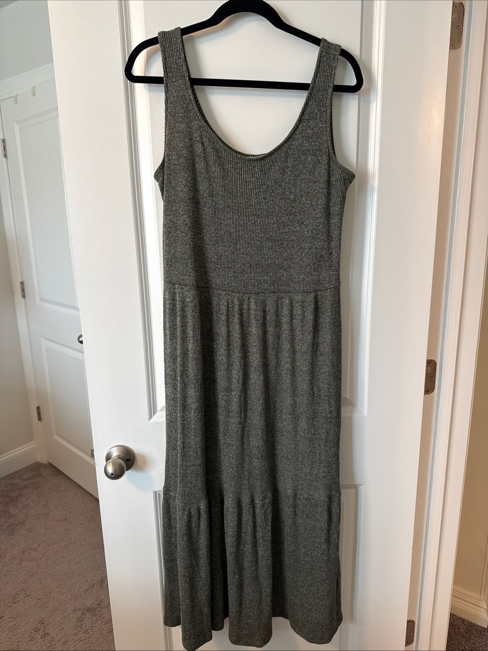 Daily Ritual Womens L Tiered Maxi Dress Ribbed Tank Stretch Jersey Knit Gray